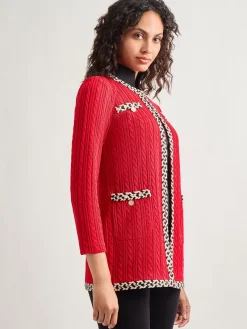 Jewel Neck Contrast Trim Cable Knit Jacket|Misook Discount
