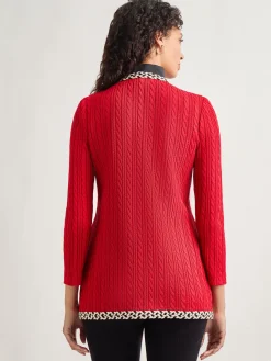 Jewel Neck Contrast Trim Cable Knit Jacket|Misook Discount