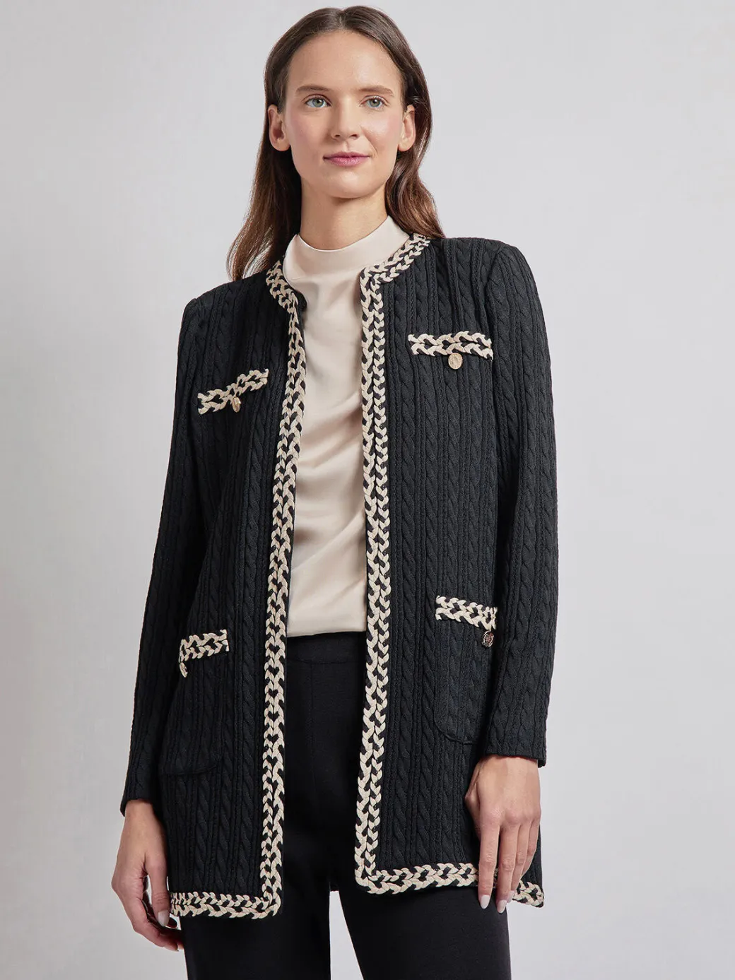 Jewel Neck Contrast Trim Cable Knit Jacket|Misook Online