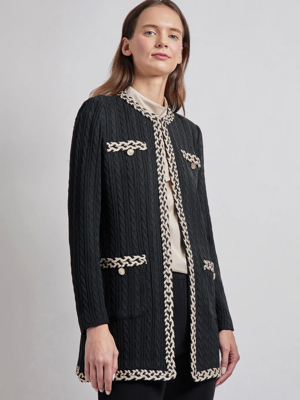 Jewel Neck Contrast Trim Cable Knit Jacket|Misook Online