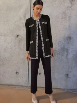 Jewel Neck Contrast Trim Cable Knit Jacket|Misook Online