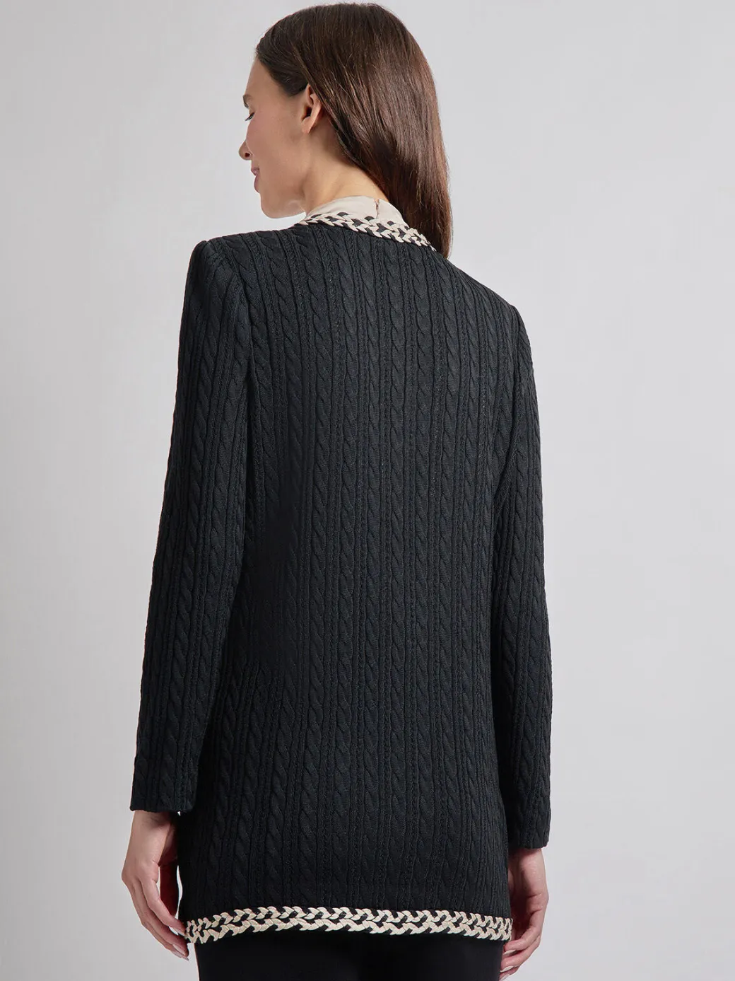 Jewel Neck Contrast Trim Cable Knit Jacket|Misook Online