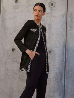 Jewel Neck Contrast Trim Cable Knit Jacket|Misook Online