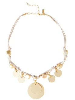 Matte Gold Coin Charm Natural Leather & Suede Necklace|Misook Outlet