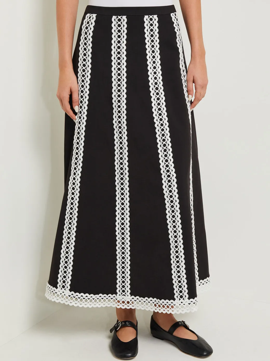 Maxi A-Line Skirt - Eyelet Trim Woven Twill|Misook Online