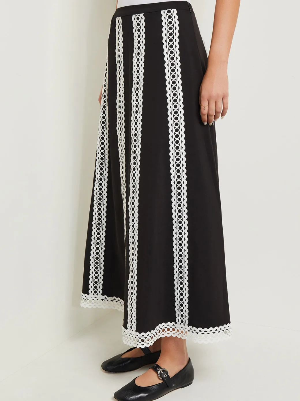 Maxi A-Line Skirt - Eyelet Trim Woven Twill|Misook Online