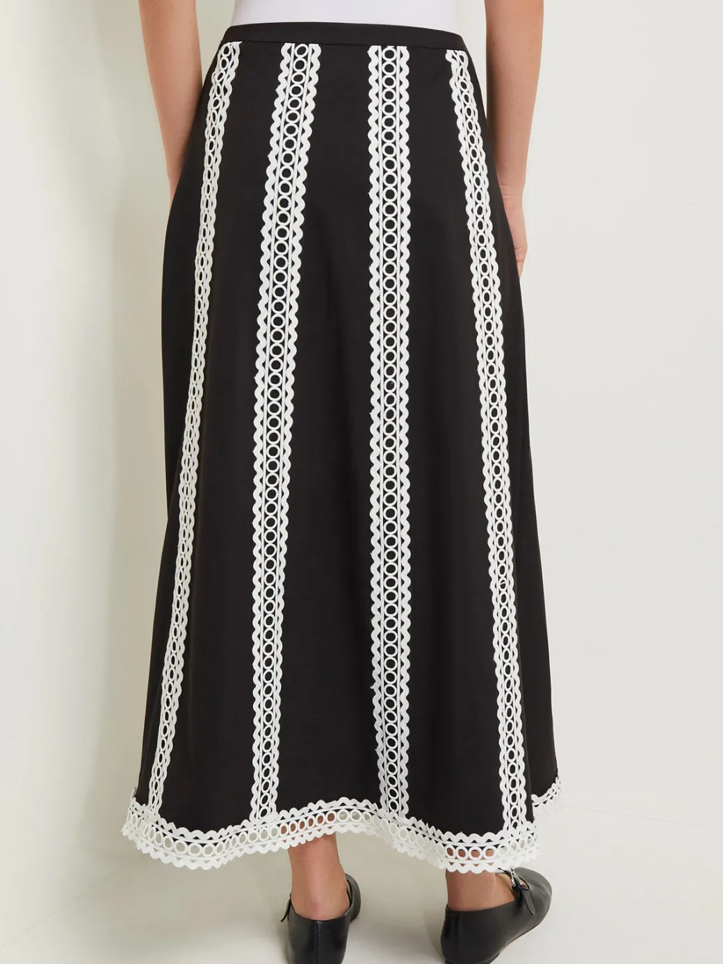 Maxi A-Line Skirt - Eyelet Trim Woven Twill|Misook Online