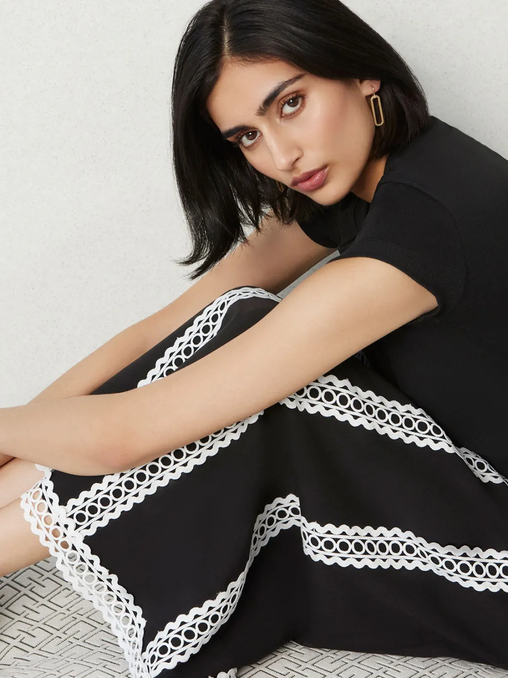 Maxi A-Line Skirt - Eyelet Trim Woven Twill|Misook Online