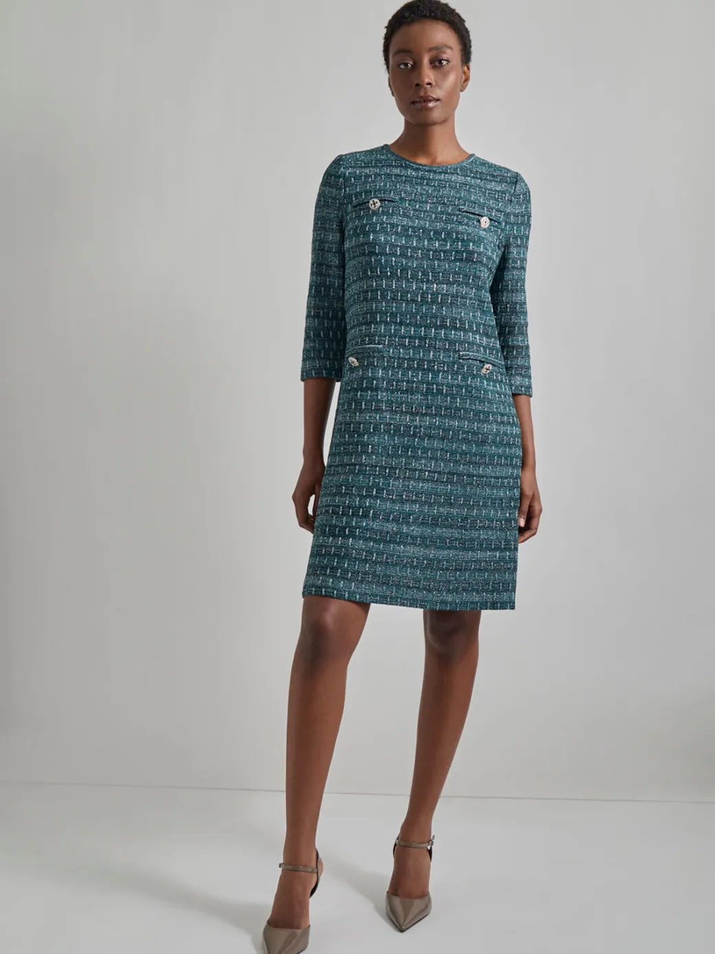Metallic Accent Tweed Knit Shift Dress|Misook Hot