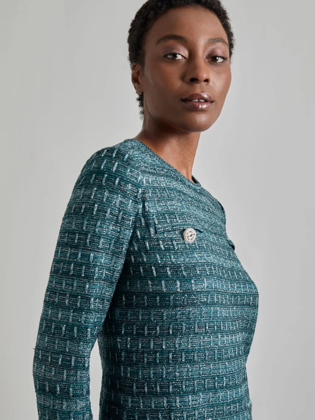 Metallic Accent Tweed Knit Shift Dress|Misook Hot