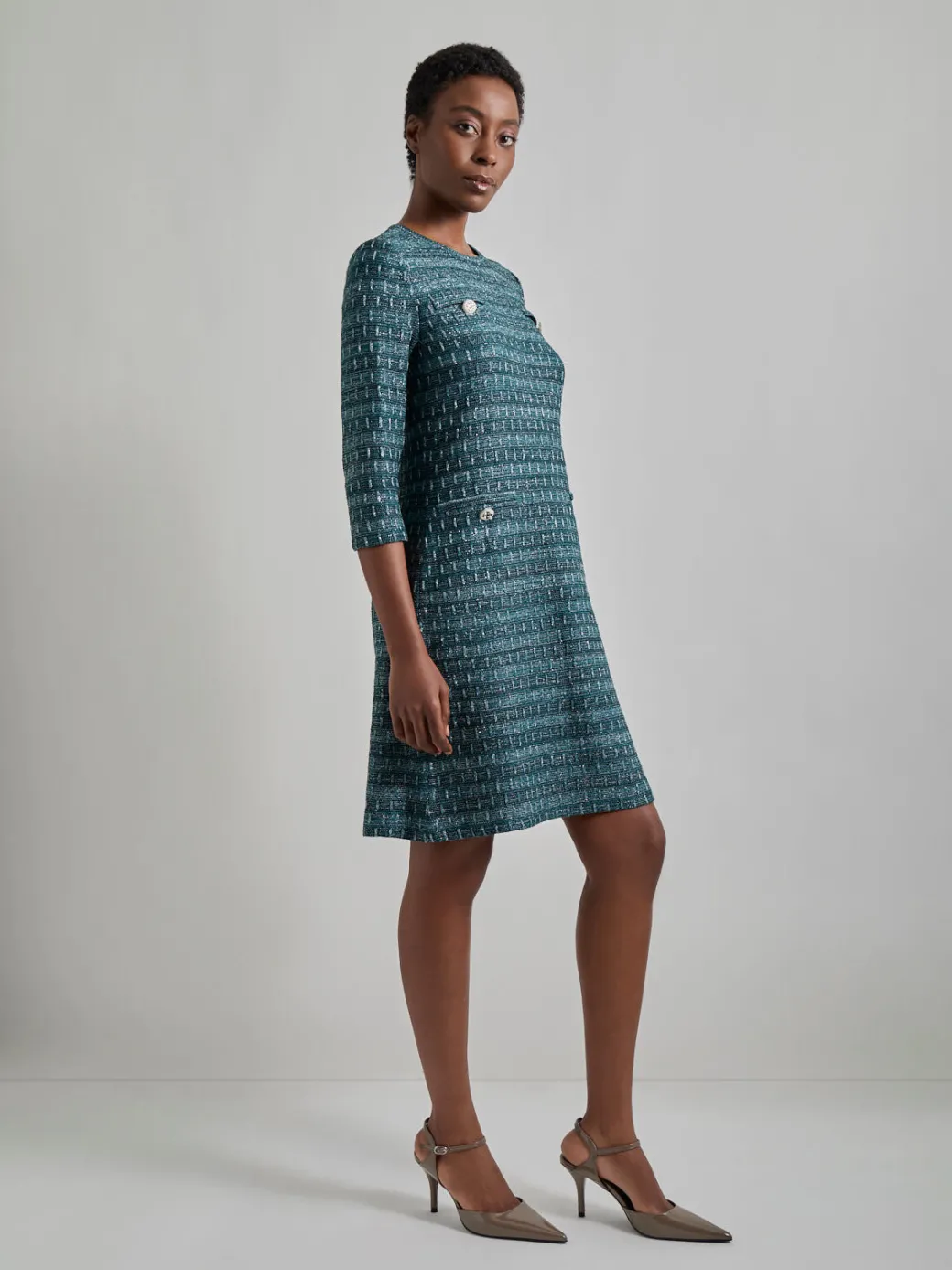 Metallic Accent Tweed Knit Shift Dress|Misook Hot