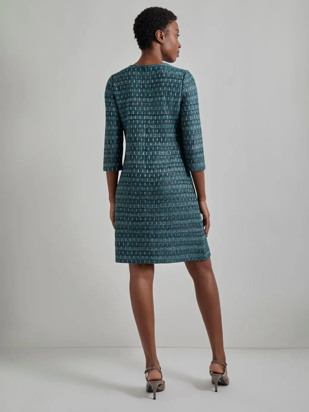 Metallic Accent Tweed Knit Shift Dress|Misook Hot