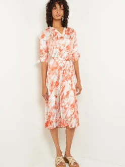 Midi A-Line Dress - V-Neck Print Crepe de Chine|Misook Online