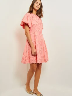 Mini Fit & Flare Dress - Puff Sleeve Fringe Applique Cotton|Misook Outlet