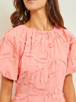 Mini Fit & Flare Dress - Puff Sleeve Fringe Applique Cotton|Misook Outlet