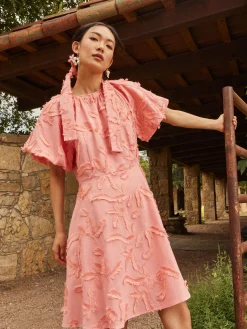 Mini Fit & Flare Dress - Puff Sleeve Fringe Applique Cotton|Misook Outlet