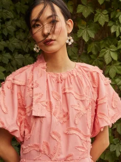 Mini Fit & Flare Dress - Puff Sleeve Fringe Applique Cotton|Misook Outlet