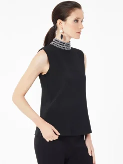 Mock Neck Embroidered Trim Knit Tank Top|Misook Outlet