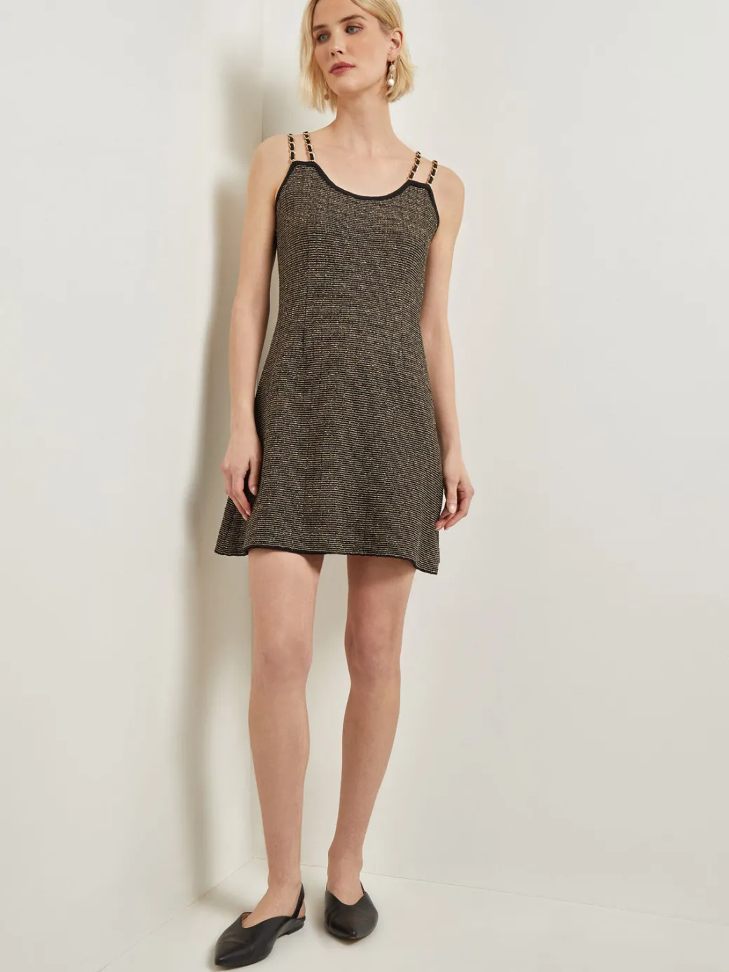 Modern Fit A-Line Curb Chain Double Strap Knit Mini Dress|Misook Clearance
