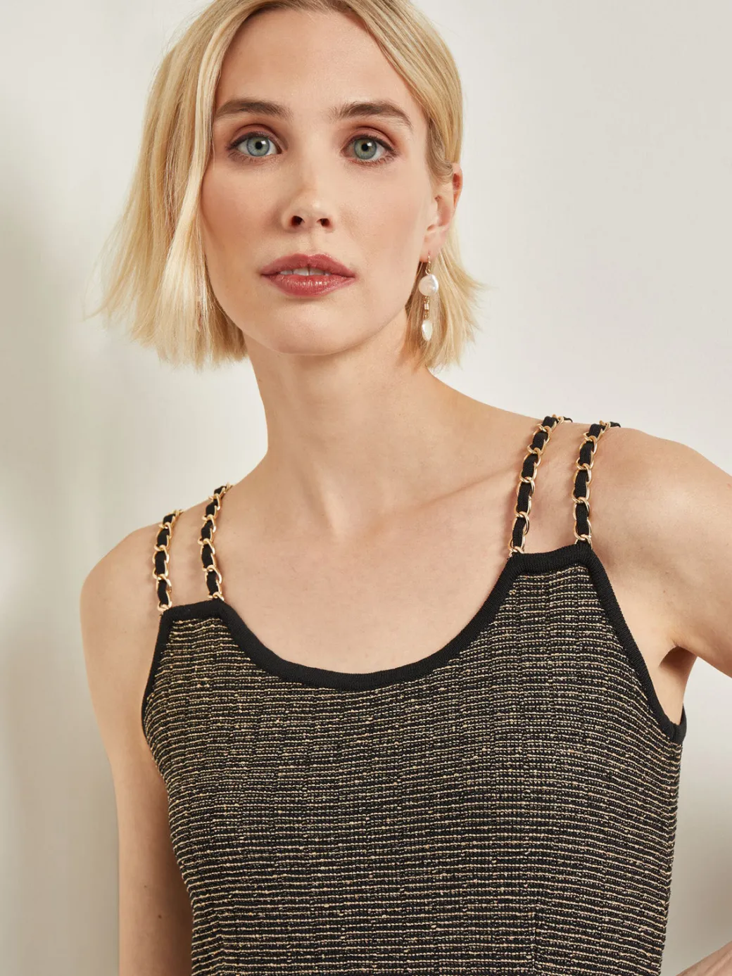 Modern Fit A-Line Curb Chain Double Strap Knit Mini Dress|Misook Clearance