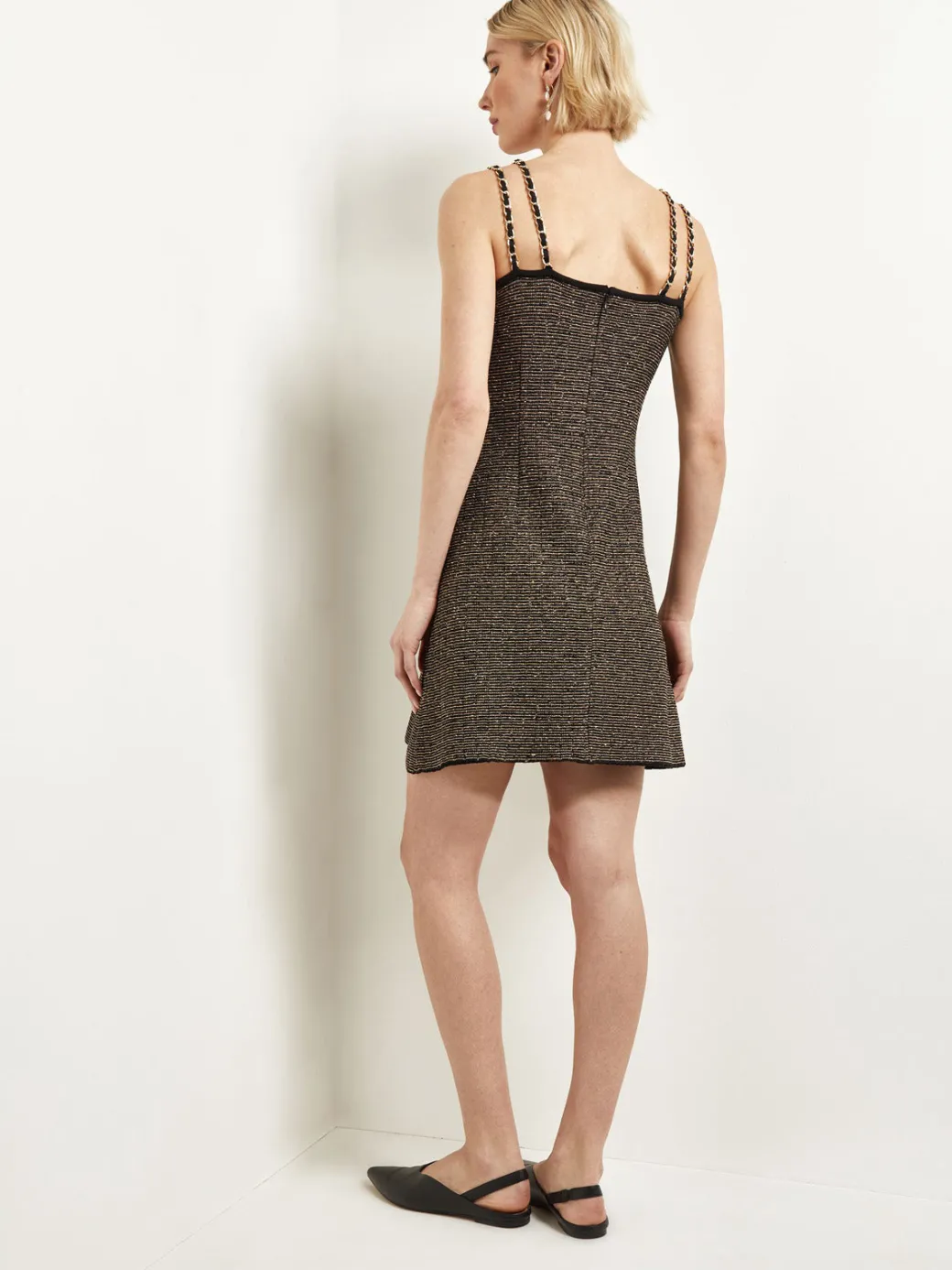 Modern Fit A-Line Curb Chain Double Strap Knit Mini Dress|Misook Clearance