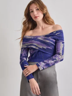 Modern Fit Cropped Cross Body Watercolor Soft Knit Top|Misook New