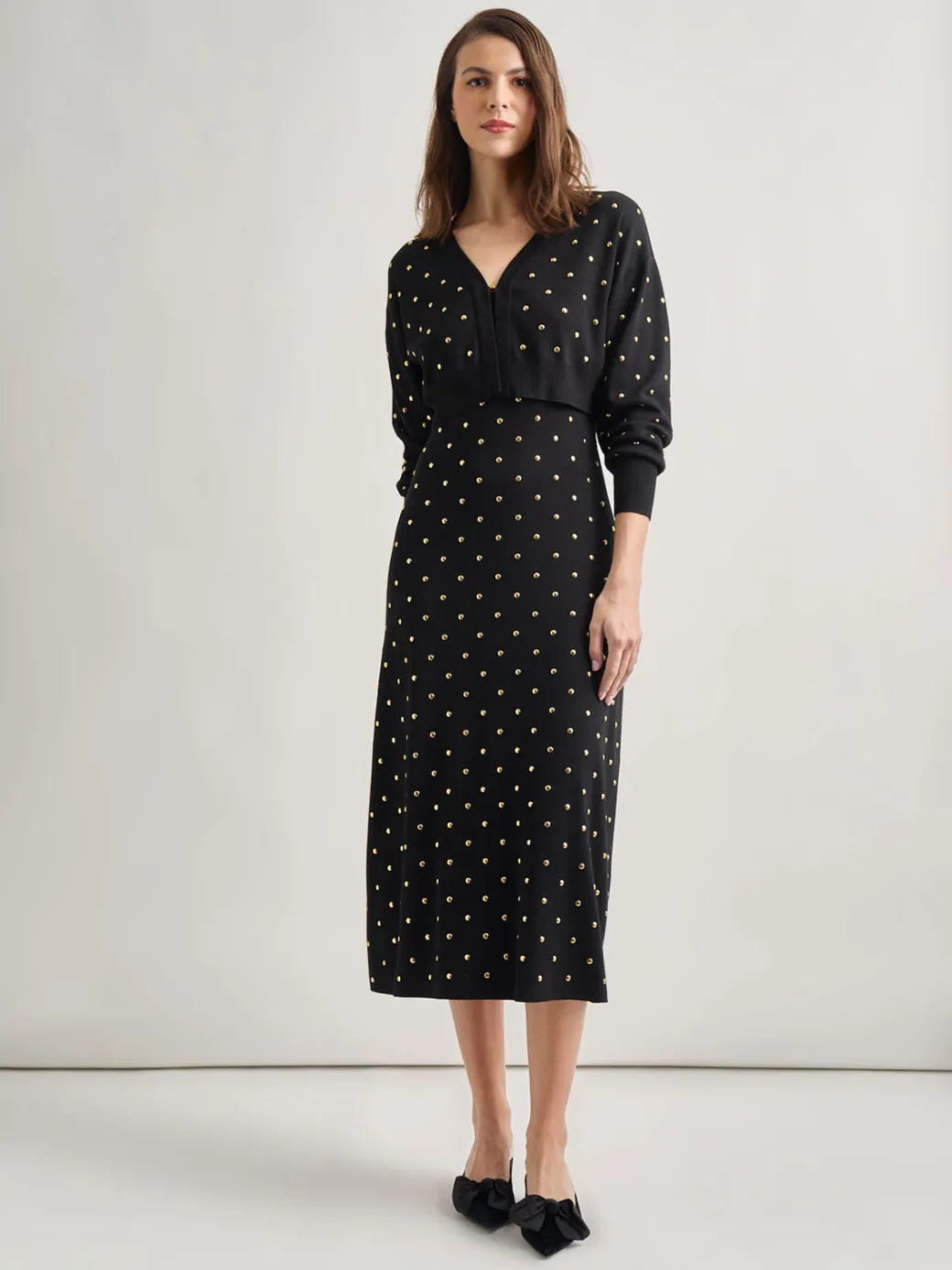 Modern Fit Cropped Gold Studded Soft Knit Cardigan|Misook Discount