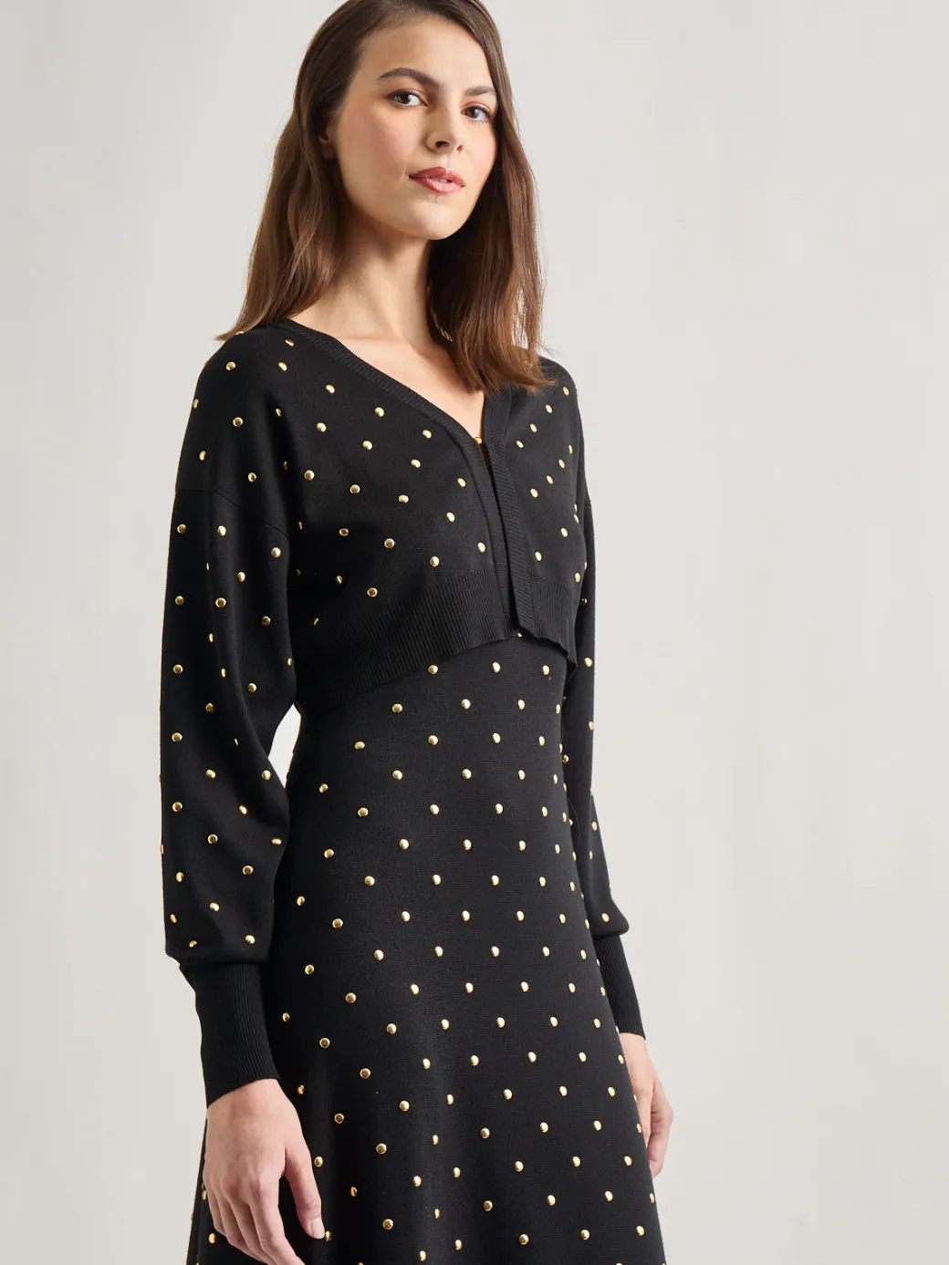 Modern Fit Cropped Gold Studded Soft Knit Cardigan|Misook Discount