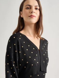 Modern Fit Cropped Gold Studded Soft Knit Cardigan|Misook Discount