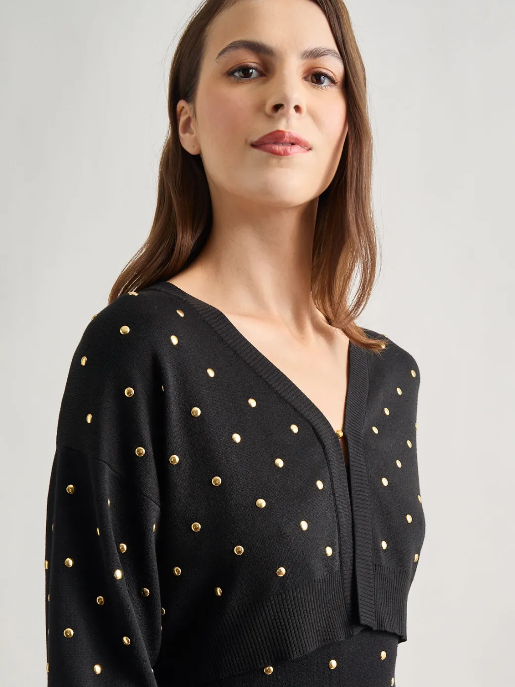 Modern Fit Cropped Gold Studded Soft Knit Cardigan|Misook Discount