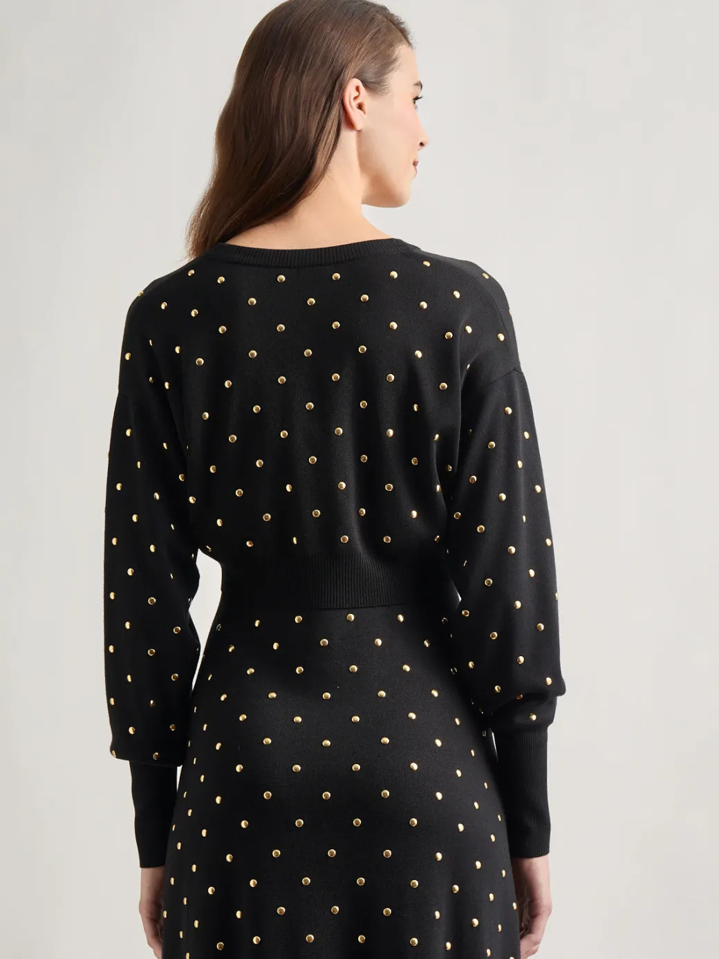 Modern Fit Cropped Gold Studded Soft Knit Cardigan|Misook Discount