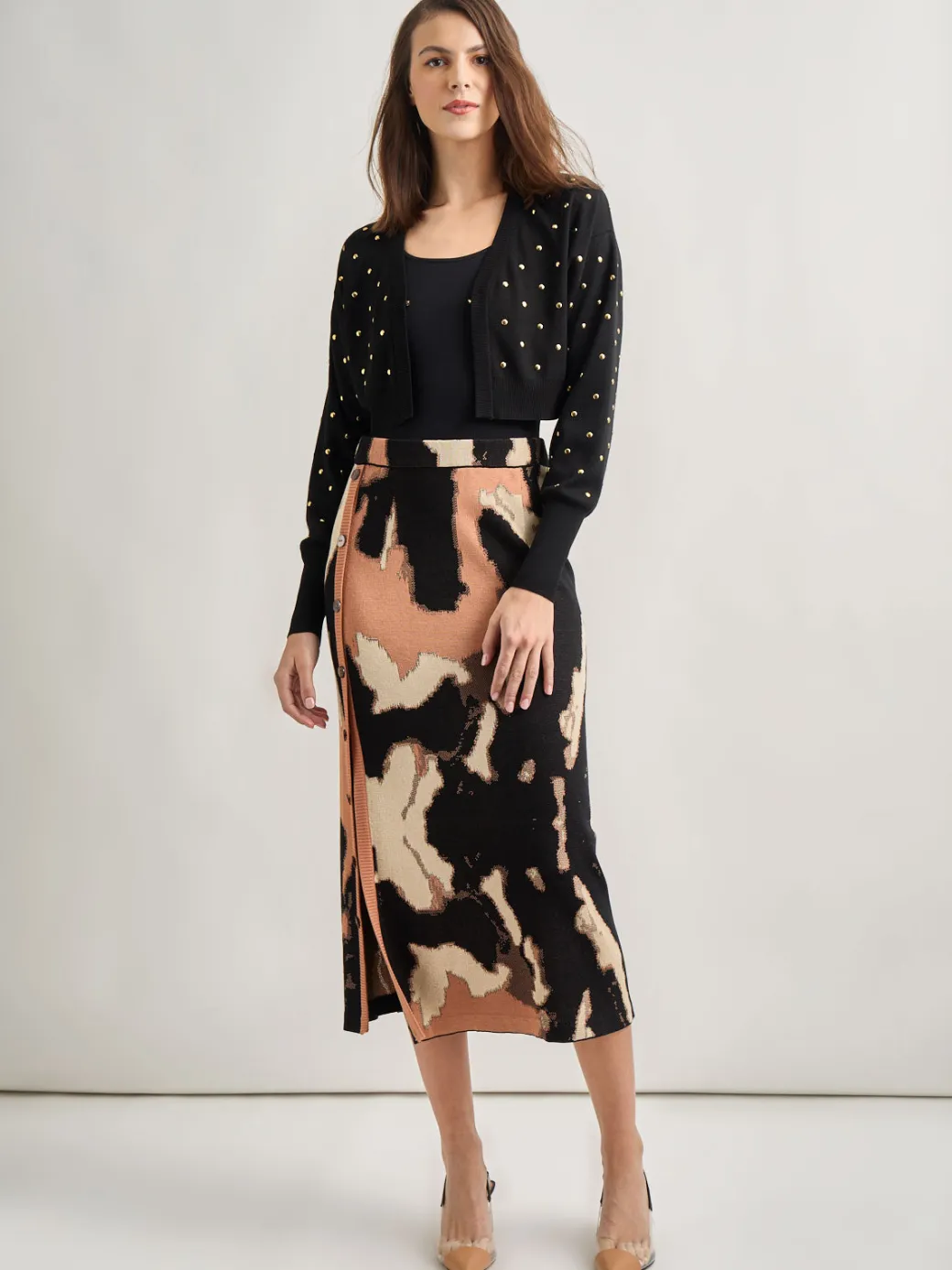 Modern Fit Cropped Gold Studded Soft Knit Cardigan|Misook Discount