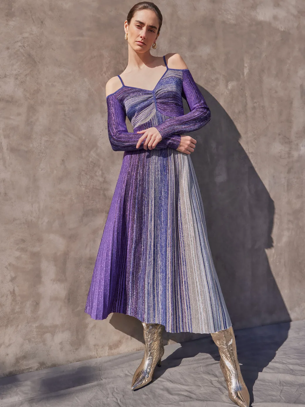 Modern Fit Empire Shimmer Lurex Knit Maxi Dress|Misook Outlet