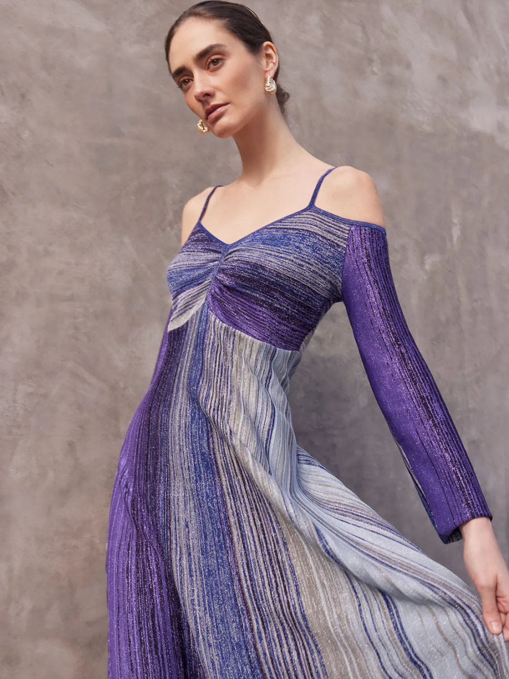 Modern Fit Empire Shimmer Lurex Knit Maxi Dress|Misook Outlet