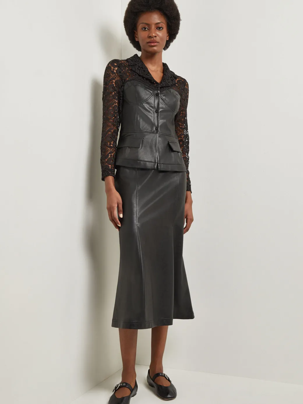 Modern Fit Lace & Vegan Leather Corset Jacket|Misook Sale