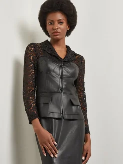 Modern Fit Lace & Vegan Leather Corset Jacket|Misook Sale