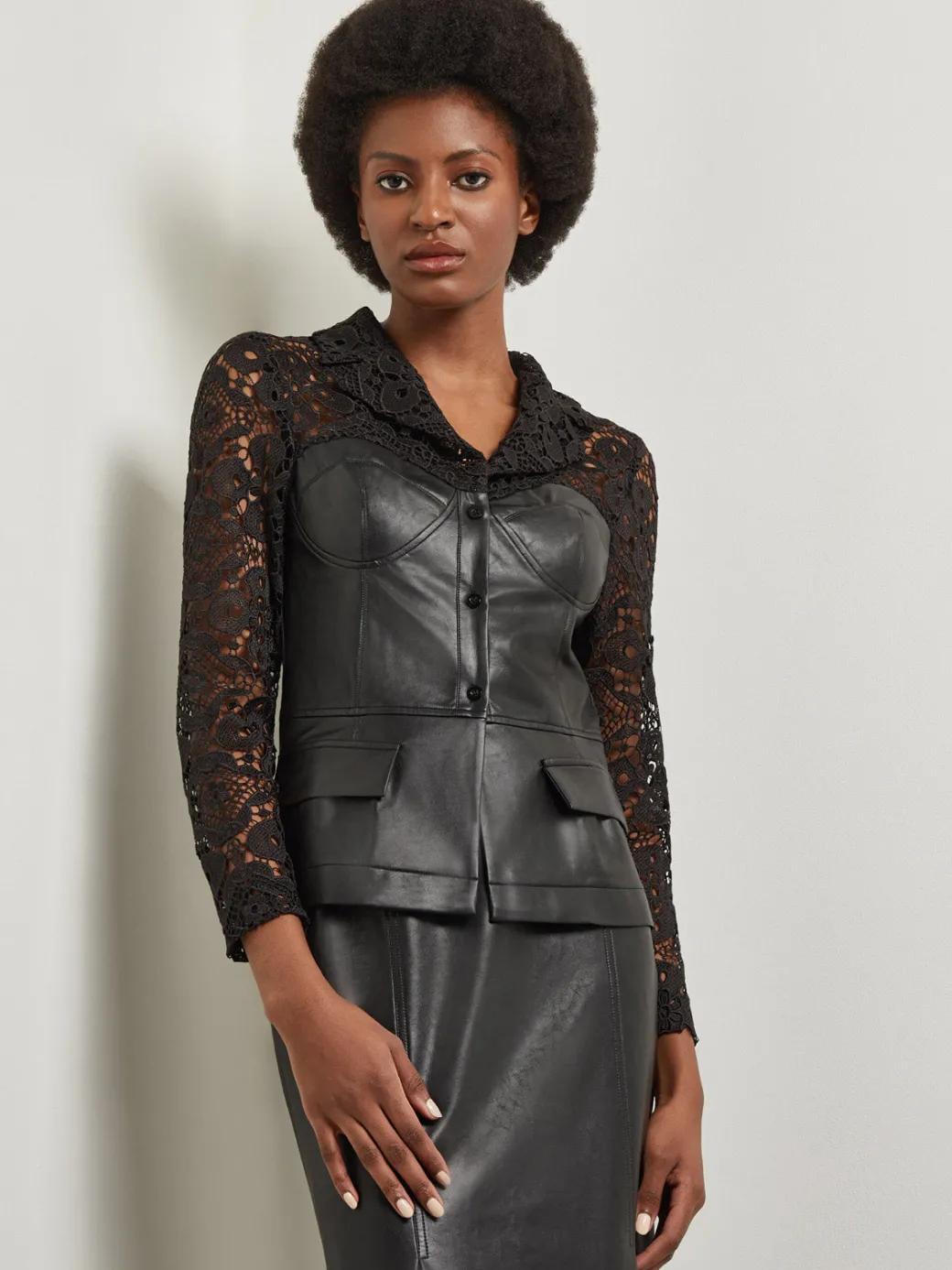 Modern Fit Lace & Vegan Leather Corset Jacket|Misook Sale