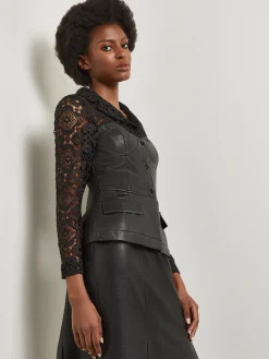 Modern Fit Lace & Vegan Leather Corset Jacket|Misook Sale