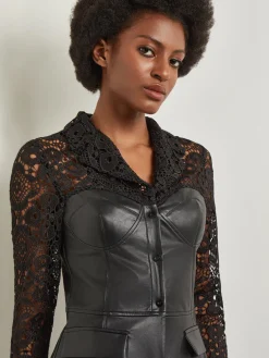 Modern Fit Lace & Vegan Leather Corset Jacket|Misook Sale