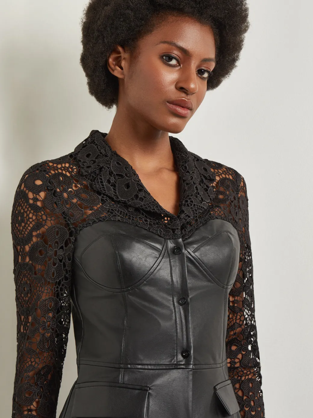 Modern Fit Lace & Vegan Leather Corset Jacket|Misook Sale