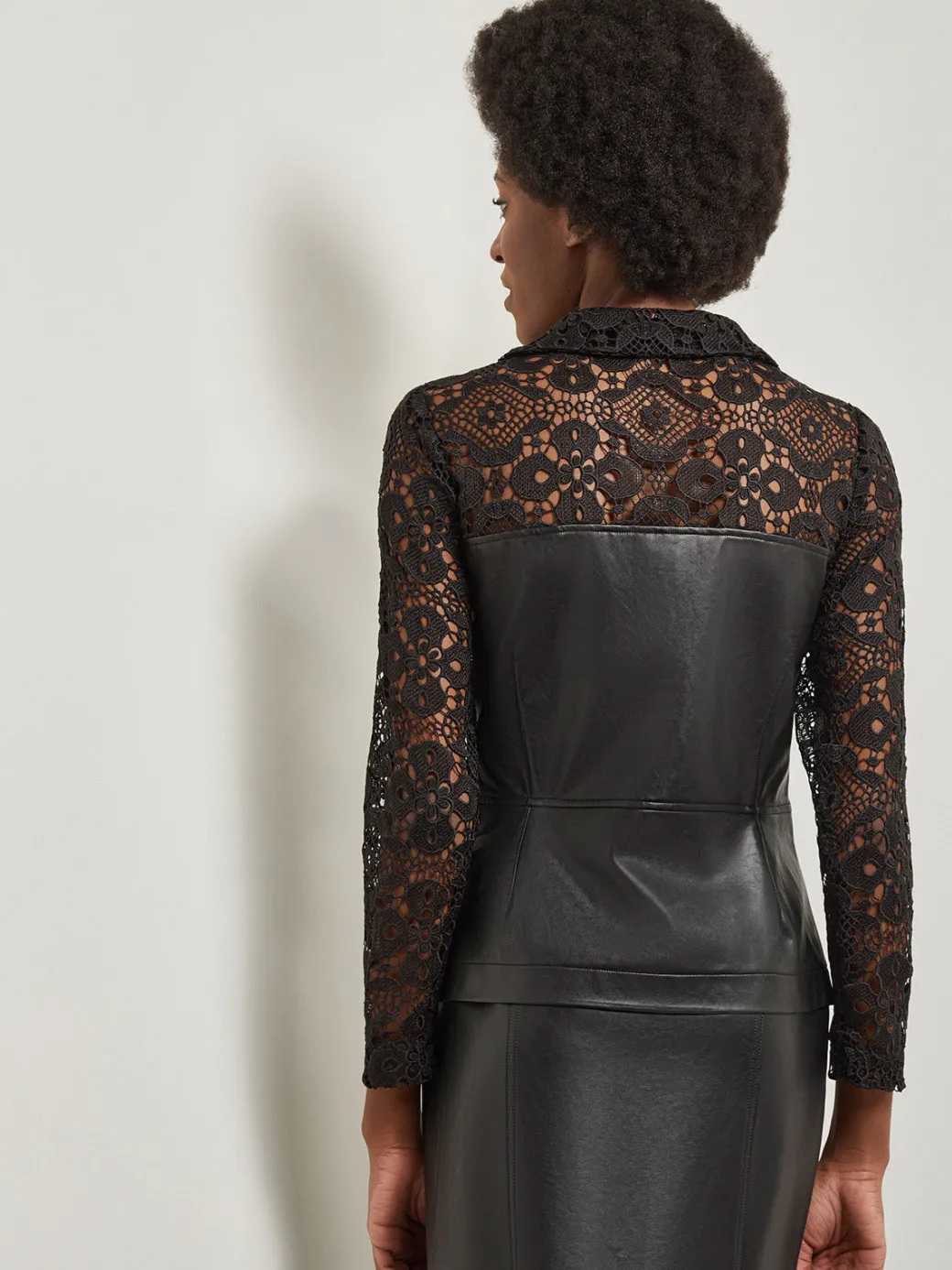 Modern Fit Lace & Vegan Leather Corset Jacket|Misook Sale