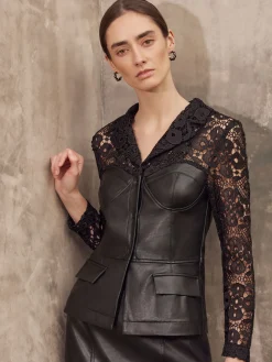 Modern Fit Lace & Vegan Leather Corset Jacket|Misook Sale
