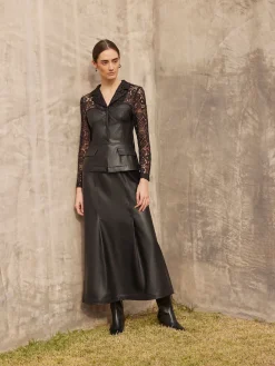 Modern Fit Lace & Vegan Leather Corset Jacket|Misook Sale