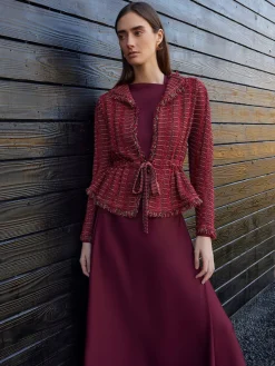 Modern Fit Linear Fringe Tweed Belted Knit Jacket|Misook Fashion