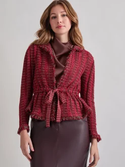 Modern Fit Linear Fringe Tweed Belted Knit Jacket|Misook Fashion