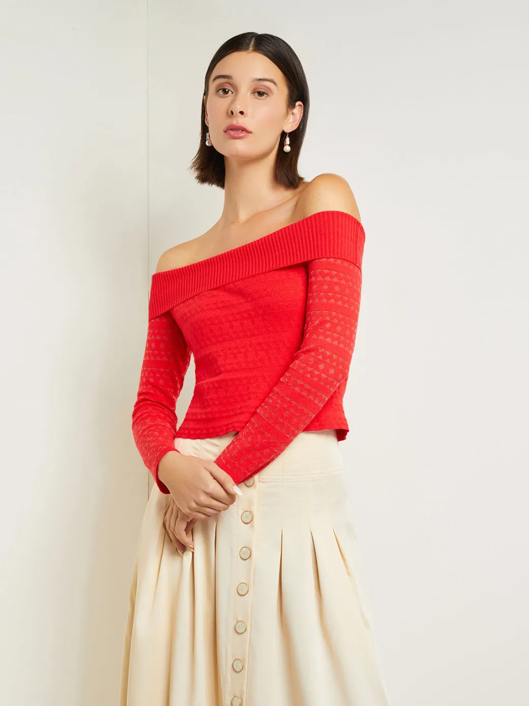 Modern Fit Off-The-Shoulder Burnout Knit Top|Misook Best