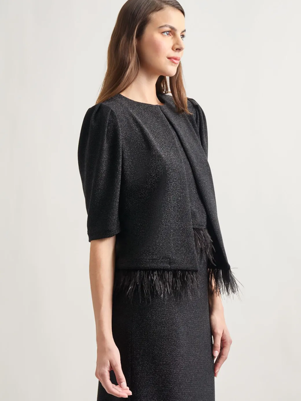 Modern Fit Ostrich Feather Trim Stretch Woven Jacket|Misook Outlet