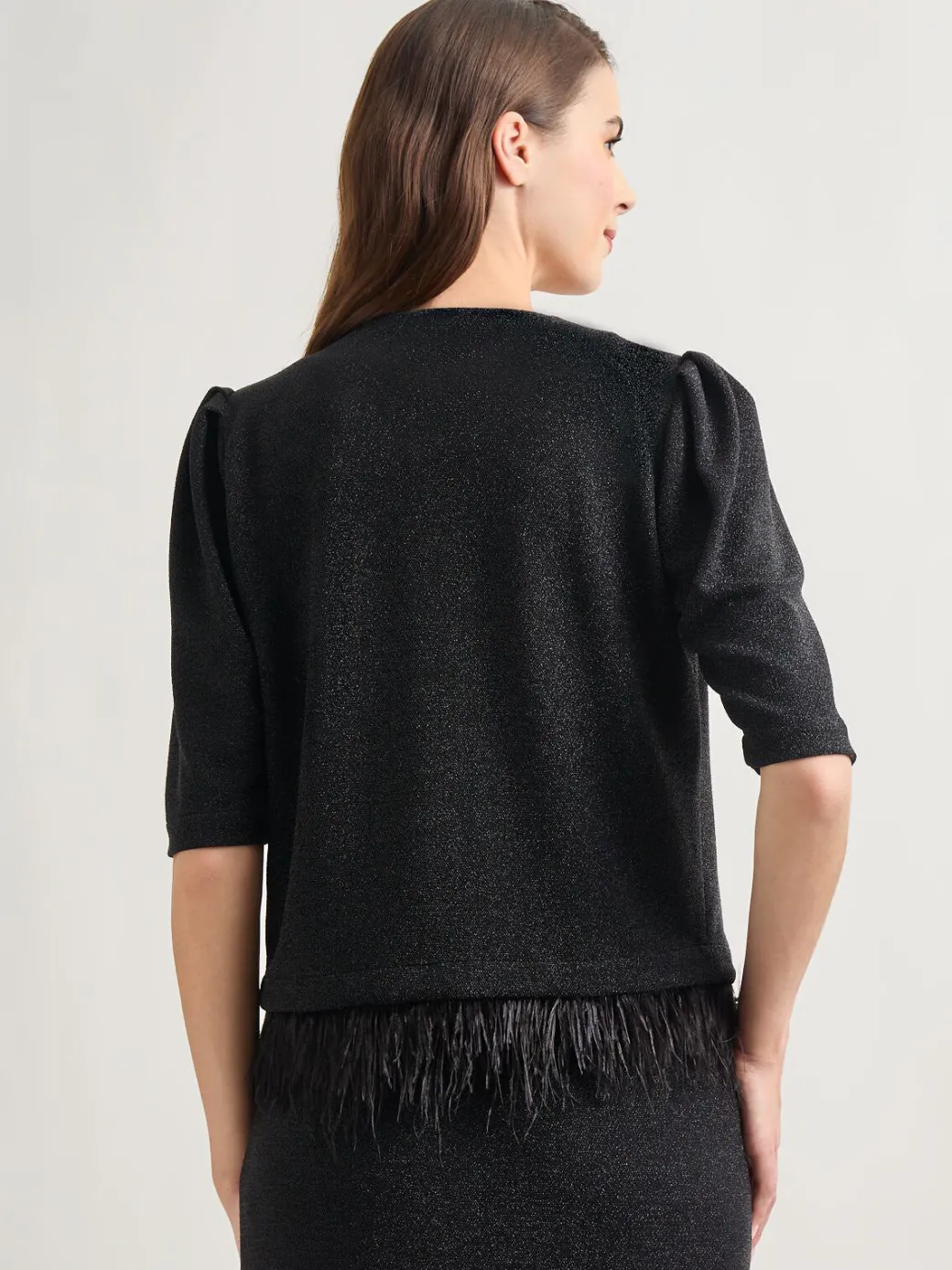 Modern Fit Ostrich Feather Trim Stretch Woven Jacket|Misook Outlet