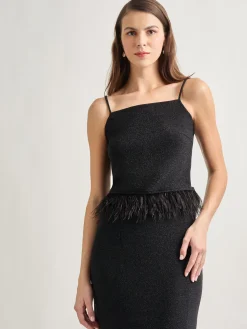 Modern Fit Ostrich Feather Trim Stretch Woven Tank|Misook Outlet