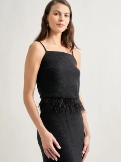 Modern Fit Ostrich Feather Trim Stretch Woven Tank|Misook Outlet